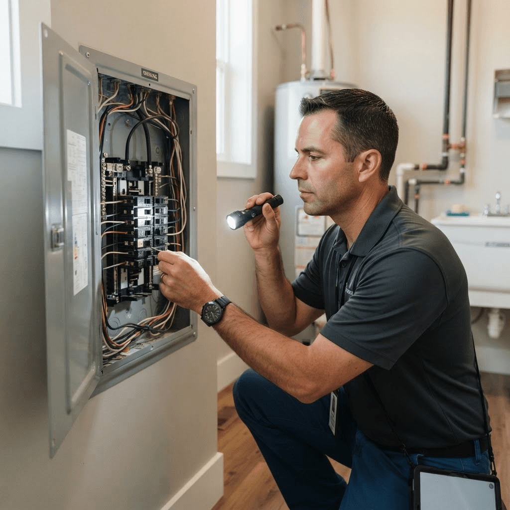 Home inspector examining a residential electrical panel